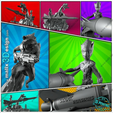 Rocket Raccoon and Groot impression 3D résine  18cm  (non peint)